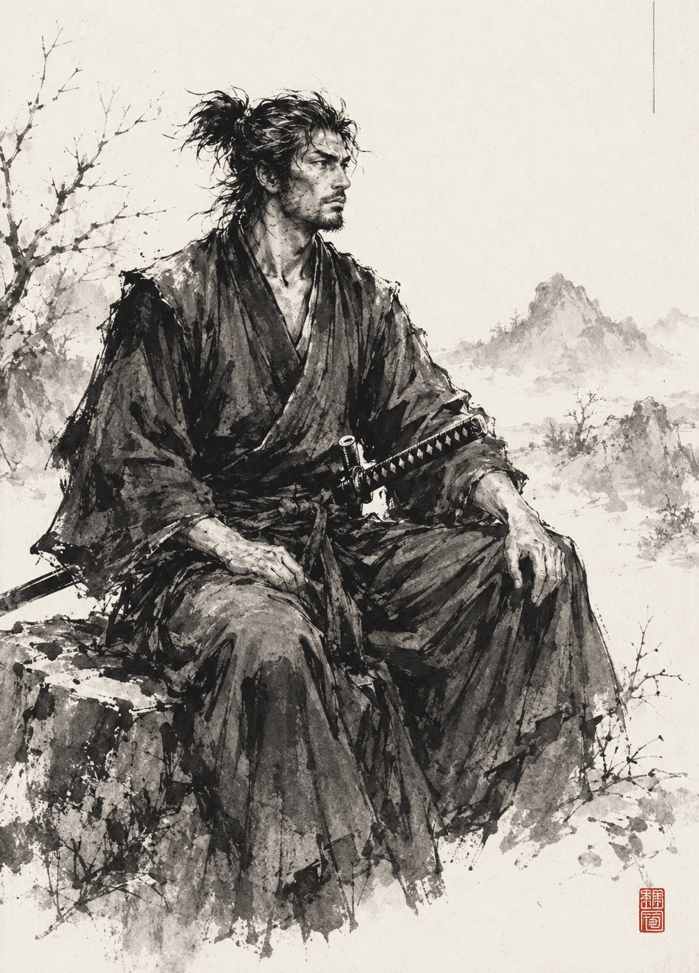 Japanese sumi-e style ink artwork of a wandering ronin representing dedication and craftsmanship